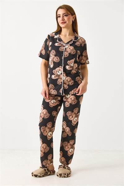 Kadın Ayıcık Baskılı Pijama Takımı Siyah