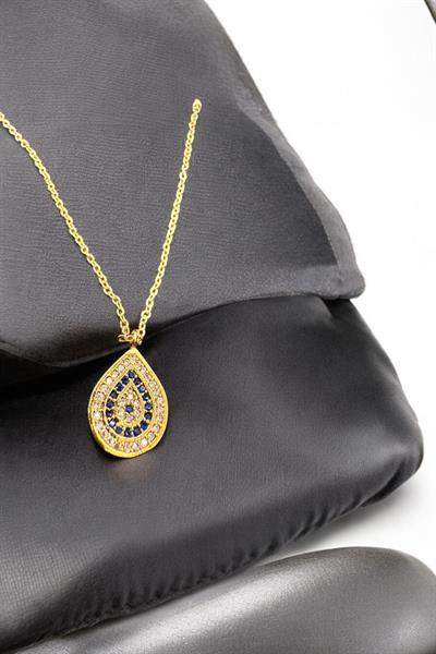 Mavi Ve Beyaz Taşlı İki Zincirli Damla Kolye Gold