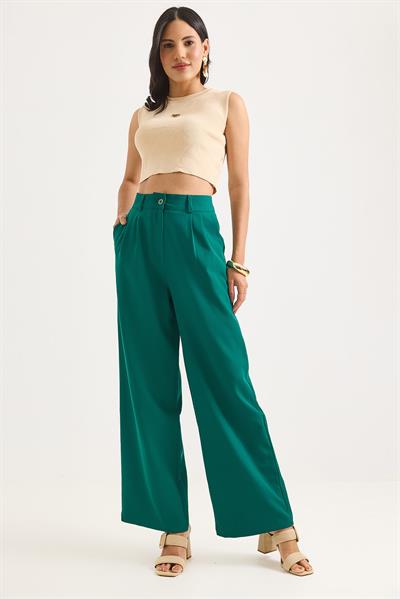 Yüksek Bel Bol Paça Pantalon Yeşil