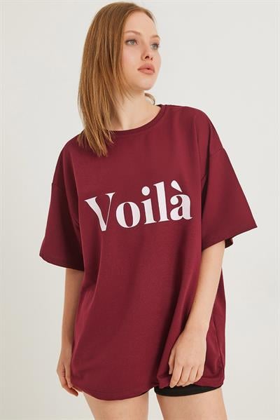 Voila Baskılı Oversize İki İplik Tshirt Bordo