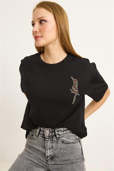 Taş Baskılı Kuş Motifli Bisiklet Yaka Tshirt Siyah