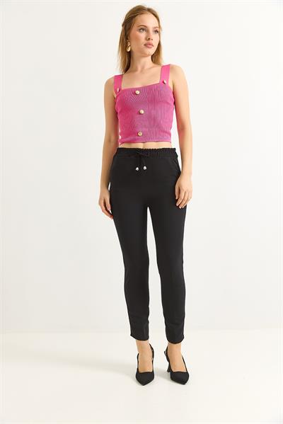 Beli Lastikli Kısa Paça Double Krep Pantolon Siyah