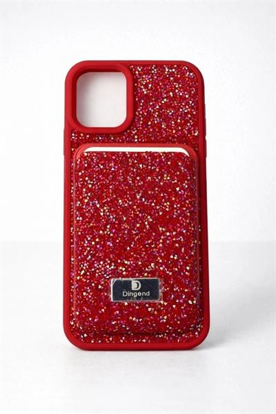 İphone 16 Pro  Uyumlu  Parlak ve Taşlı Kart Bölümlü Kılıf Kırmızı
