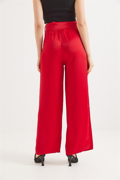 Kemerli Yüksek Bel İspanyol Paça Pantolon Kırmızı