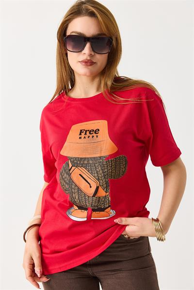 Kadın Baskılı Bisiklet Yaka Kısa Kol Tshirt Kırmızı