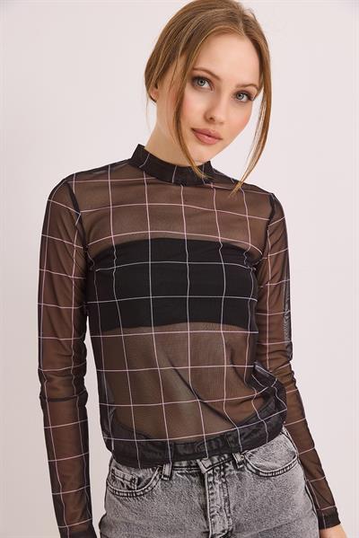 Desenli Siyah Transparan Esnek Şık Bluz Siyah