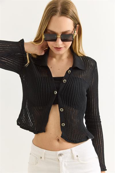 Polo Yaka Yazlık Triko Hırka Siyah