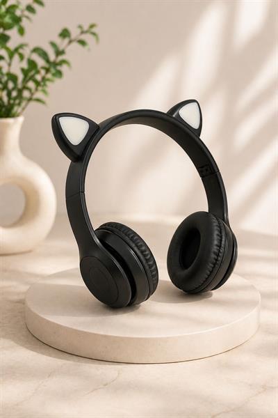 Kedi Kulağı Rengarenk Işıklı  Bluetooth Kulaklık Siyah