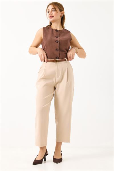 Kadın Kemerli Cepli Mom Kumaş Pantolon Krem