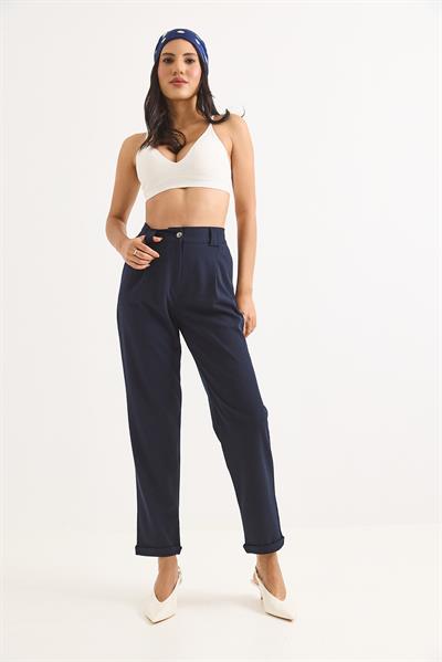Beli Lastikli Katlı Paça Kadın Pantolon Lacivert
