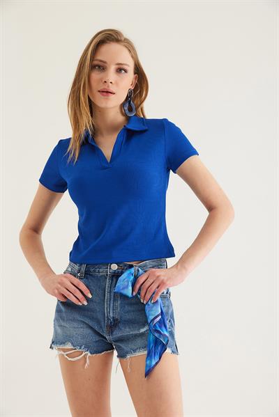 Polo Yaka Kadın Kısa Kol Bluz Saks