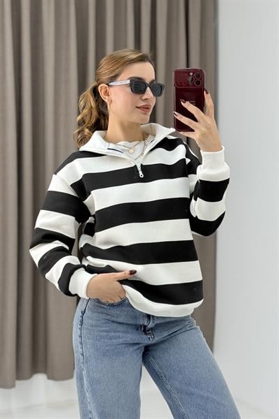 Kadın Siyah Balıkçı Yaka Çizgili Üç İplik İçi Şardonlu Kışlık Sweatshırt