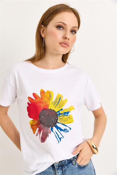 Çiçek Baskılı Pamuk Örme Tshirt