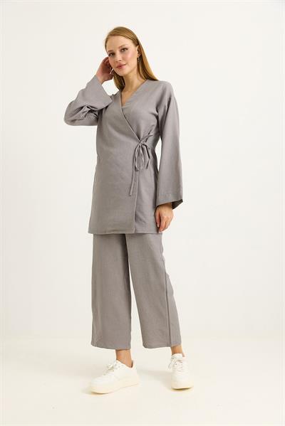 Yandan Bağlamalı Kimono Pantolon İkili Takım Gri
