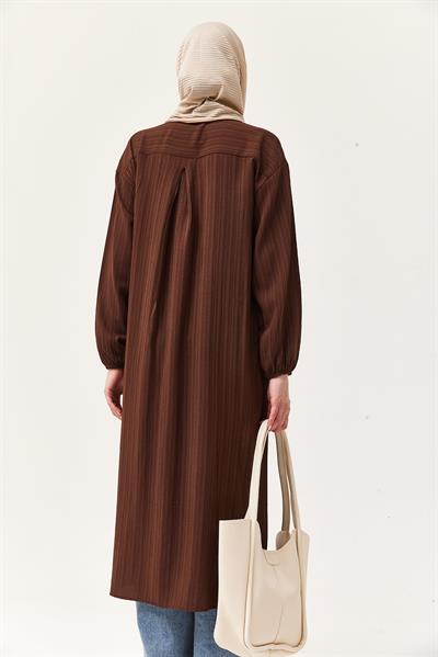 Keten Düğmeli Uzun Tesettür Tunik Kahverengi