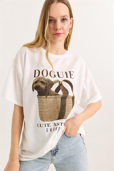 Baskılı Bisiklet Yaka Basic Tshirt Beyaz