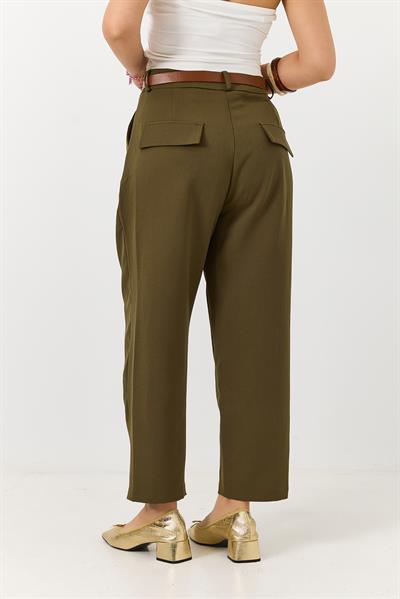 Kadın Kemerli Cepli Mom Kumaş Pantolon Haki