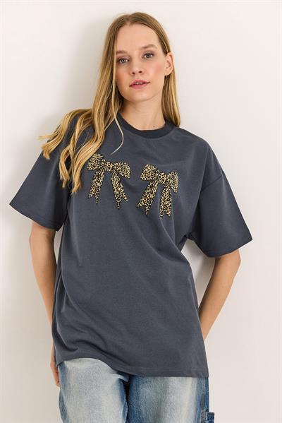 Kurdele Baskı Detaylı Basic Tshirt Füme
