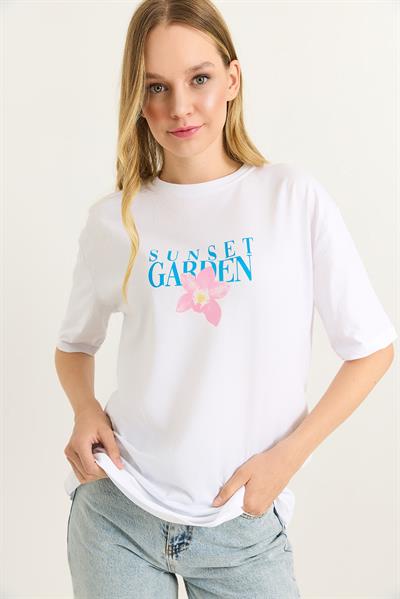 Ön Arka Baskılı Bisiklet Yaka Tshirt Beyaz