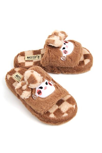 Kadın Önü Açık Peluş Kahverengi Ev Terliği 