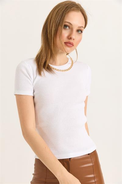 Bisiklet Yaka Zincir Detaylı Kaşkorse Bluz Beyaz