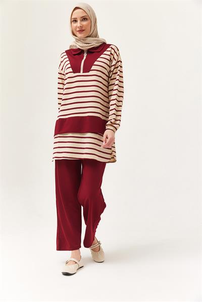 Fermuarlı Çizgili Gömlek Yaka Takım Bordo