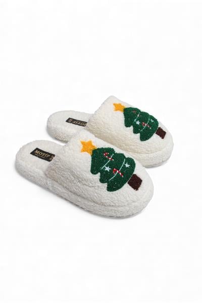 Kadın Yılbaşı Ağacı Figürlü Peluş Ekru Ev Terliği