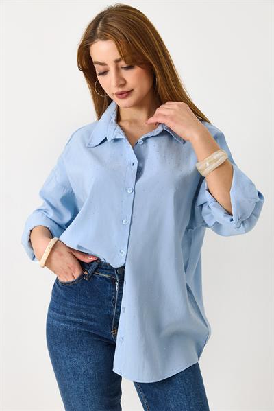 Kadın Taş Detaylı Oversize Şık Gömlek Mavi