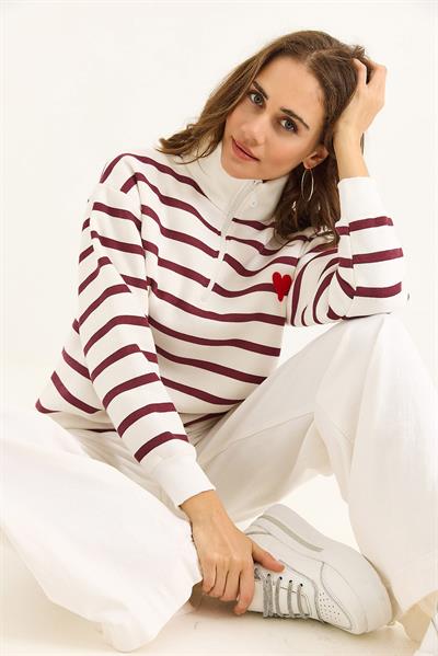 Kadın Oversize Çizgili Kalp Nakışlı Fermuarlı Sweatshirt Bordo