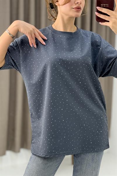Bisiklet Yaka Taşlı Yarım Kol T-shirt Antrasit