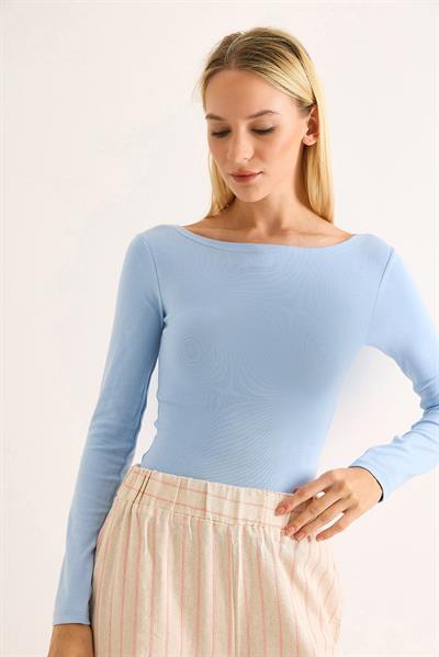 Geniş Yaka Rahat Uzun Kollu Bluz Mavi