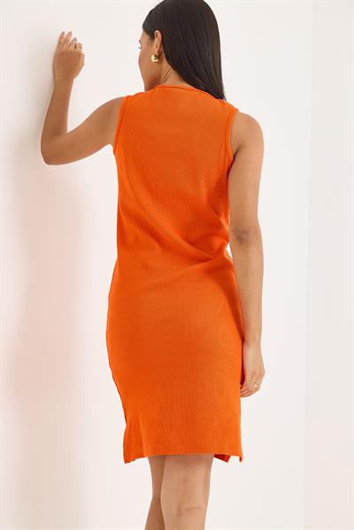 Sıfır Kol Kaşkorse Yırtmaçlı Midi Elbise Turuncu