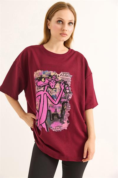 Baskılı Oversize Kesim Kadın Tshirt Bordo