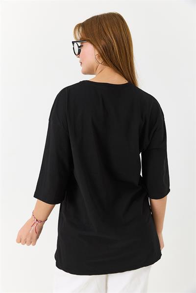 Kadın  Yazı Baskılı Bisiklet Yaka Tshirt Siyah