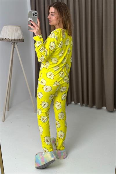 Sarı Civciv Desenli Düğmeli Polo Yaka Pamuklu Pijama Takımı