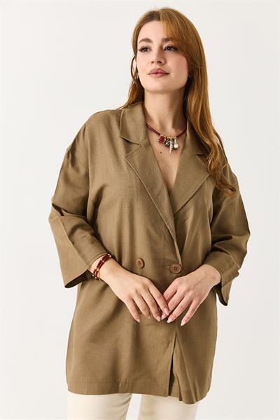 Kadın Kruvaze Yaka Oversize Blazer Ceket Açık Vizon