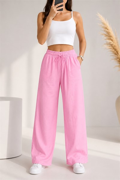 Kadın Beli Bağcıklı Bol Paça Yüksek Bel Pantolon Pembe
