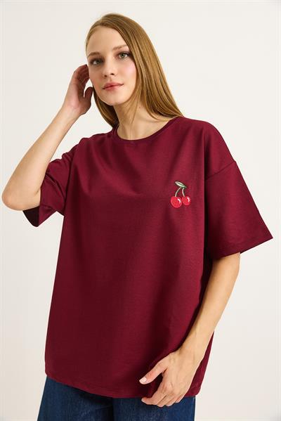 Kiraz Nakışlı Oversize Rahat Kalıp Tshirt Bordo
