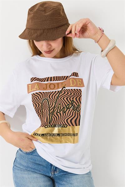 Kadın Parlak Yazılı Baskılı Tshirt Beyaz