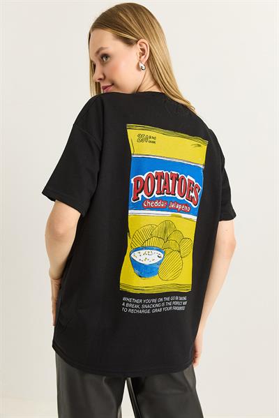 Rahat Kesim Baskılı Kadın Tshirt Siyah