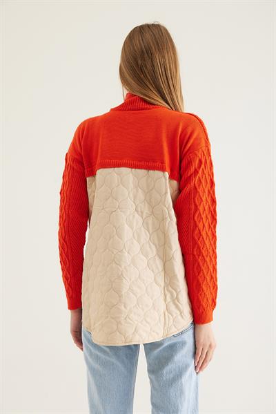 Kapitoneli Baklava Örgülü Triko  Turuncu