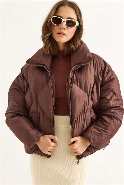 Kadın Oversize Alttan Lastikli Kahverengi Şişme Mont