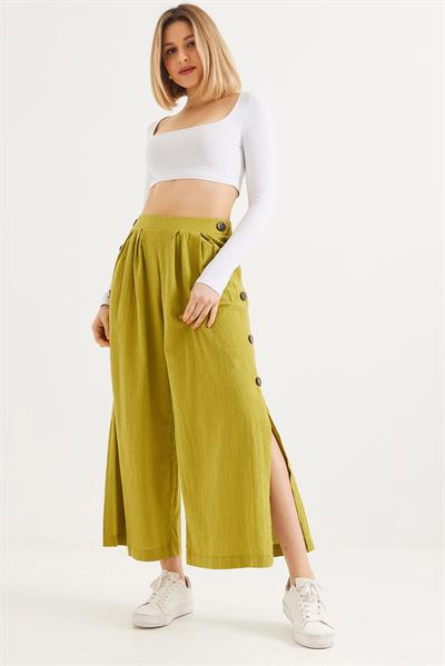 Yanları  Düğmeli  Bol Kesim Keten Pantolon  Yeşil