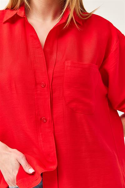 Uzun Kollu Cep Detaylı Basic Gömlek Kırmızı