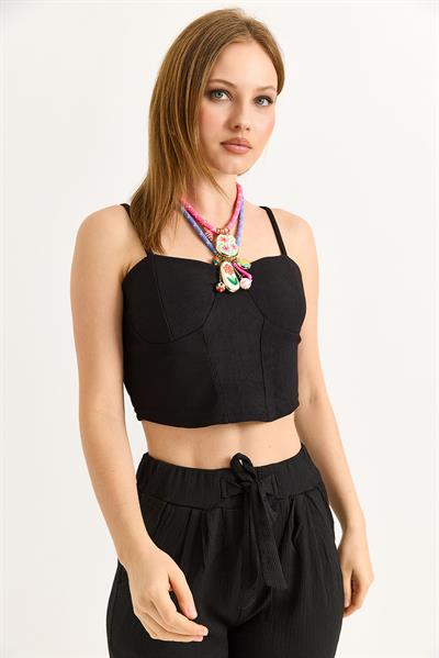 İp Askılı Örme Crop Bluz Siyah