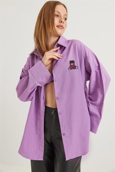 Ayıcık Nakışlı Oversize Basic Gömlek Mor