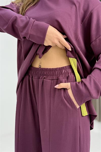 Kadın Paça Detaylı Kapüşonlu Oversize Eşofman Takım Mürdüm