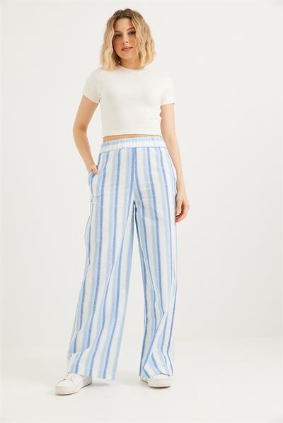 Beli Lastikli Rahat Kesim Keten Pantolon Mavi
