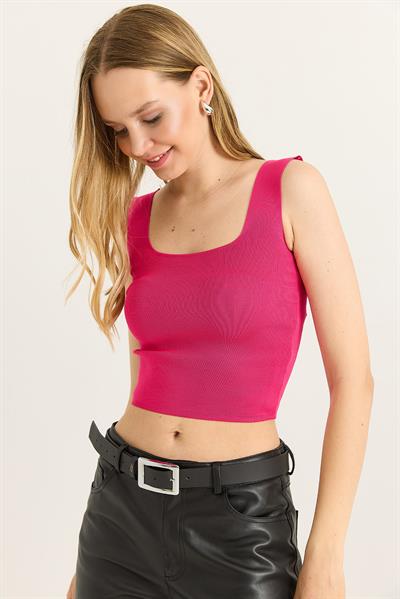  Kare Yaka Crop Triko Bluz Fuşya