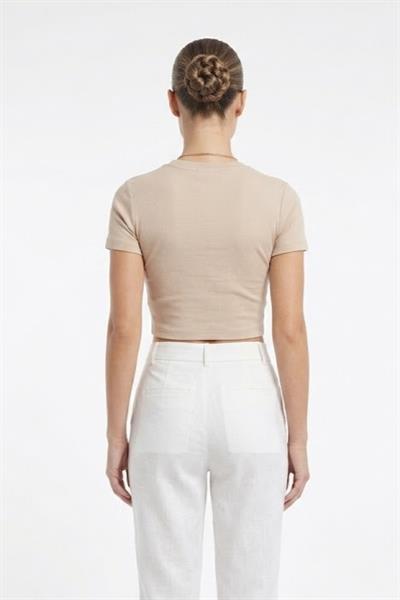 Kadın Bisiklet Yaka Düz Crop Bluz Krem